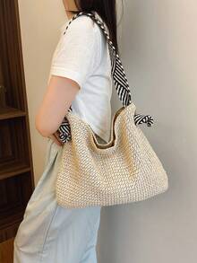 1 件女士新款草编包，时尚百搭大容量手提包，适合海滩、海边、夏季、通勤、编织包、度假、复古、简约、休闲 - 米色 - 查看 5