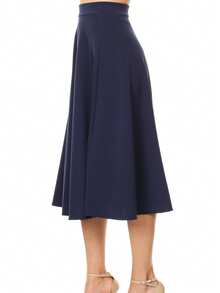 Solid Basic Casual Elastic Waist A-Line Flared Midi Skirt (S-3XL)  Plain  Elegant  Casual  Polyester        Office  Daily - 藏蓝色 - 查看 2
