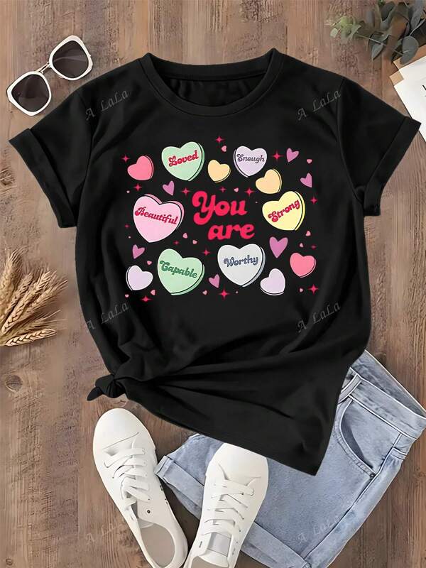 Plus Size Tops Dameskleding Vakantie-outfits Hartvormig Zegenprint T-shirt met Korte Mouwen