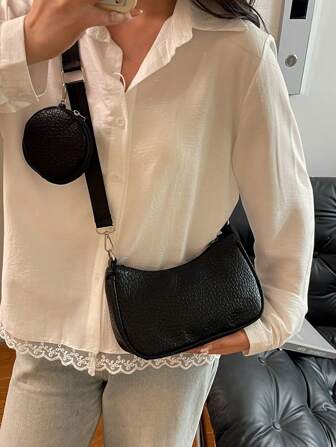 1 pièce Sac à bandoulière style décontracté personnalisé en PU noir à texture de litchi avec portefeuille noir, convient pour le bureau, les courses, les vacances, les déplacements, cadeau de vacances