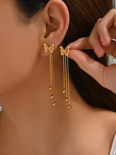 1 paire de boucles d'oreilles à pendants en acier inoxydable décorées de pompons et de papillon 3D dans un style romantique, convient aux femmes pour porter à un banquet ou des fiançailles, excellent cadeau pour la mère lors des jours fériés