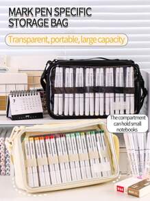 1pc Marker Pens Storage Bag Pencil Case Transparent Front Multi Slots Easy Carry-On Handle, Large Capacity For 64 Brush Marker Pens, School Student Art Supplies