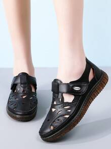 Damen Outdoor Lässig Sandalen aus PU-Leder, Einfarbig, Retro-Stil, sportlich, verstellbarer Klettverschluss, geeignet für Frühling & Sommer