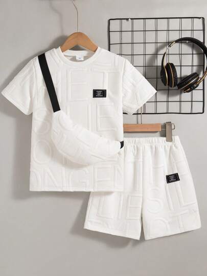 2pcs Toddler Boys' Casual Solid Color Pattern Short Sleeve T-Shirt And Shorts Set With Pouch, Summer