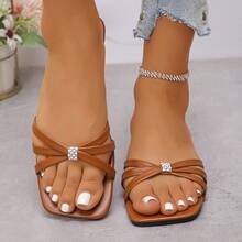 Simple Chic Vintage Square Toe Non-Slip Low Heel Ladies Sandals, Rhinestone Decor - Brown - View 2