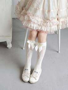 1 Pair Simple Lace Bow Decor Mid-Calf Socks, Comfortable Versatile Breathable Princess Calf Socks For Kids/Students - Multicolor - View 6