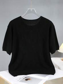 Spring/Summer New Casual V-Neck Solid Color Loose Fit Pullover Oversized Short Sleeve Sweater For Men And Women, Old Money Style - Black - View 3