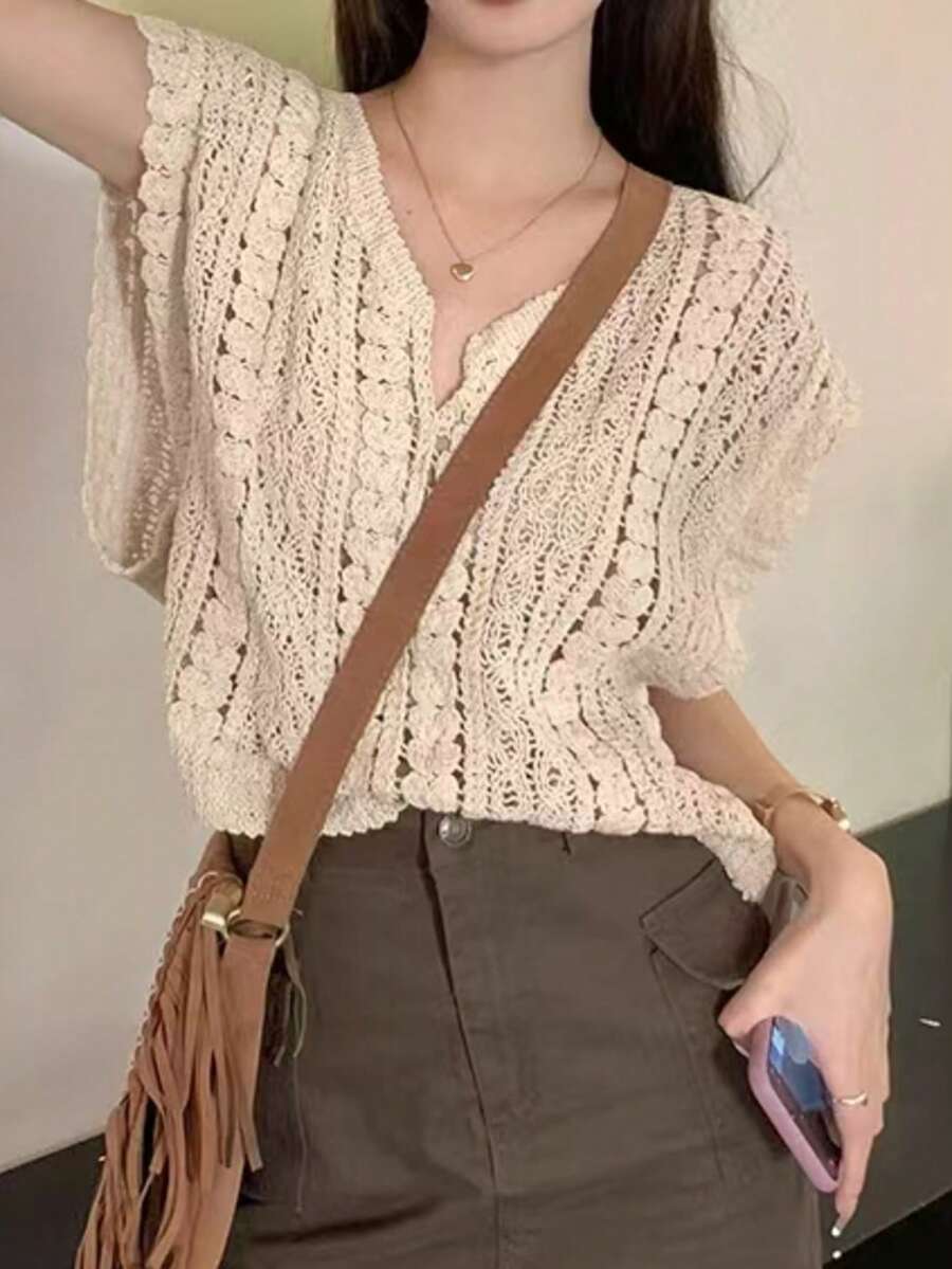 Women's Fashion Apricot Color Hollow Out Crochet V-Neck Knit Vest - Apricot - View 1