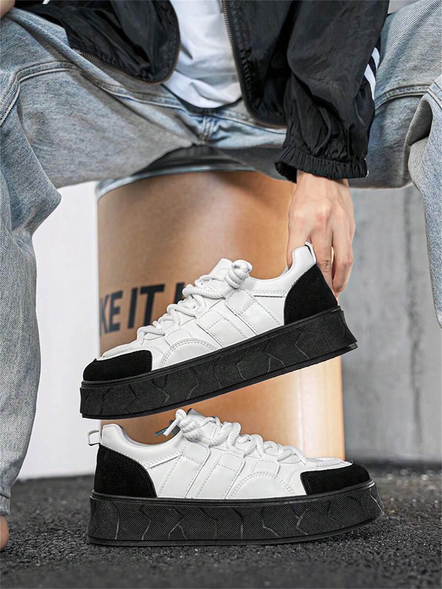 Thick Sole Round Toe Breathable Student Lace-Up Casual Shoes Skate Shoes Anti-Slip Durable Work Shoes For Men - White - View 1