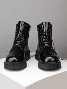 2024 新款亮面黑色高帮靴，带保暖内衬，保暖时尚休闲高端男士皮靴，秋冬款