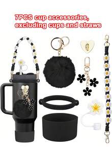7 pezzi set rosa accessori per tazze - maniglia per bottiglia d'acqua, custodia in silicone compatibile con tazza da 30oz e 40oz, coperchio in silicone per cannuccia, ciondoli portachiavi , regali ideali per ragazze, donne, mamme, forniture scolastiche
