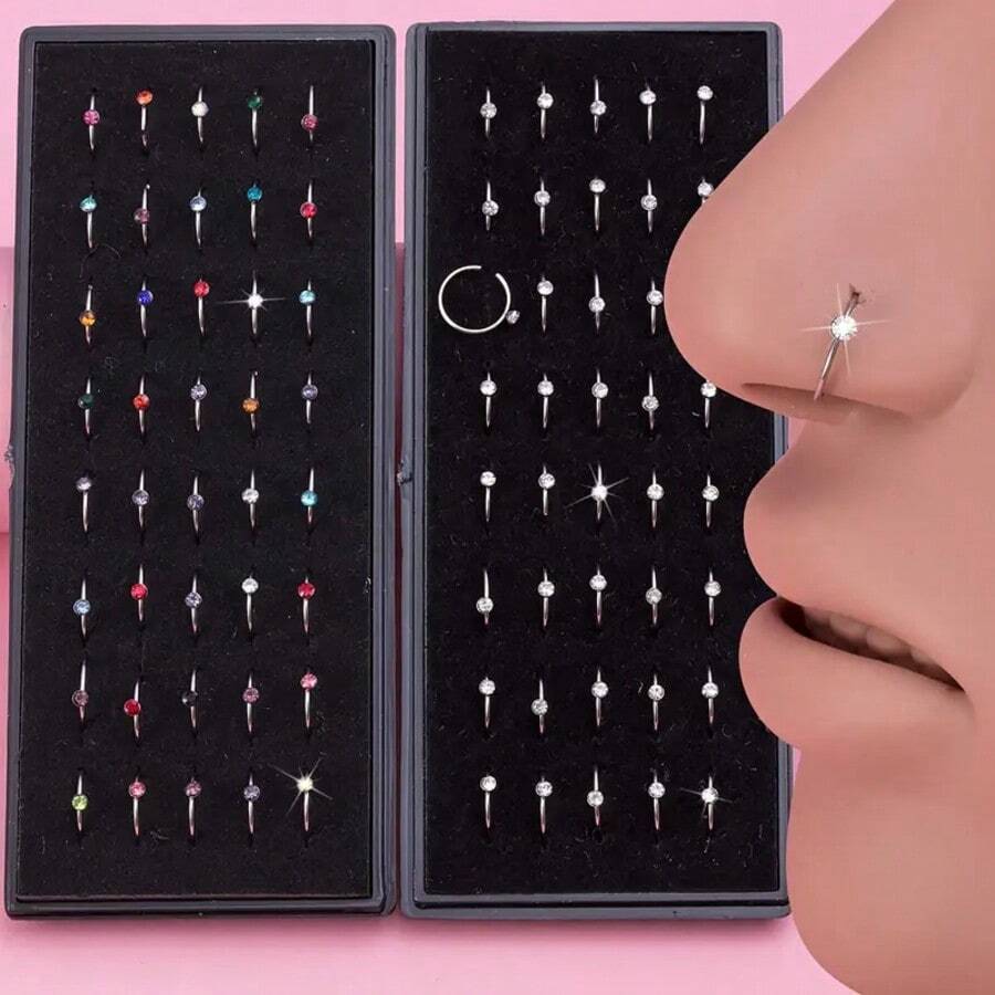 40pcs/Box Rhinestone Nose Ring Stainless Steel Nose Piercing Jewelry Nose Ring 8mm Cartilage Ear Bone Earring Jewelry