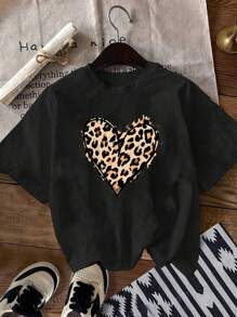 Set de 3 camisetas de manga corta de verano para niña preadolescente, con estampado de leopardo y corazón, de estilo informal y combinables