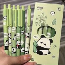 6 Stücke Set Panda & Bambus süße & stilvolle Kugelschreiber mit Druckknopf, minimalistisches Design, langanhaltend, geeignet für Mädchen, mit schwarzer Tinte