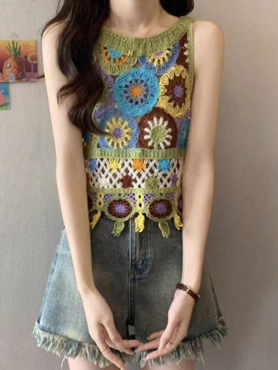 Women's Fashionable Retro Color Block Tasseled Knit Vest - Green - View 1