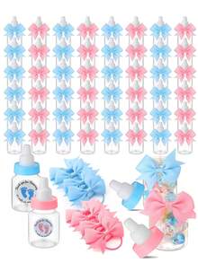 Bộ 24 bình sữa mini 3,5 inch cho trò chơi tiệc mừng em bé chào đời Bình sữa bằng nhựa có nhãn dán và nơ Cảm ơn Quà tặng tiệc mừng em bé chào đời cho khách Trang trí kẹo cho bé trai - Hồng - Xem 2