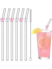 6Pcs Reusable Glass Straws With Pink Bow Charm, Ins- Bachelorette Bridal Party Decor, Drinking Straws Set + Cleaning Brush, Summer Cup Accessories - Multicolor - View 8