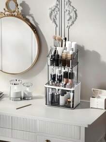 Fashion Crown Style Dresser Organizer Set - Transparent Makeup And Jewelry Storage Cabinet, Easy Pull Design, Can Store Light Beige Skincare, Brushes, Eyeshadows, Lotions, Lipsticks And Nail Polish,For Holiday Beach, Bathroom Collection, Bedroom Collection, Large Capacity