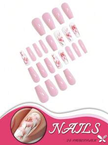 一盒24片中号方形指甲，白色背景上淡粉色花卉图案，优雅的按压式指甲套装，带有逼真的花朵装饰，适合所有女性，非常适合日常、节日和派对场合，提升指尖美感。美甲用品 指甲