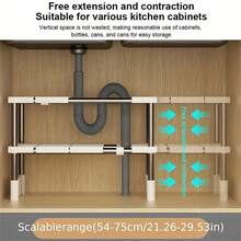 1pc Adjustable Stainless Steel Under Sink Storage Organizer Rack - Single/Double Tier Cabinet Organizer, Solid Metal And Plastic Design With Flexible Tubing For Space-Saving Kitchen Storage And Organization - Multicolor - View 9