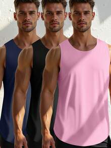 3pcs Men Solid Color Sleeveless Gym Tank Top Muscle Fit Workout Fitness Vest - Multicolor - View 3