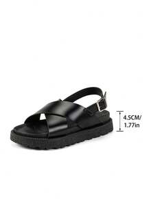 新款夏季百搭交叉纯色厚底平底女士凉鞋，休闲装，女神风，舒适金属扣防滑 - 黑色 - 查看 9