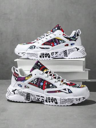 Men's Fashion Contrast Color Random Graffiti Letter Patch Casual Chunky Sneakers, Comfortable Daily Versatile Lightweight Outdoor Walking Sneakers, Couple Matching