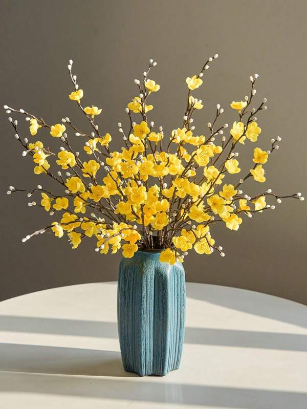 Set de 3/6/10 piezas Flores artificiales amarillas de ciruelo en flor de 21.7" Flor de invierno falsa con tallo largo Flores de plástico para decoración de hogar, hotel, oficina, boda, fiesta, jardín