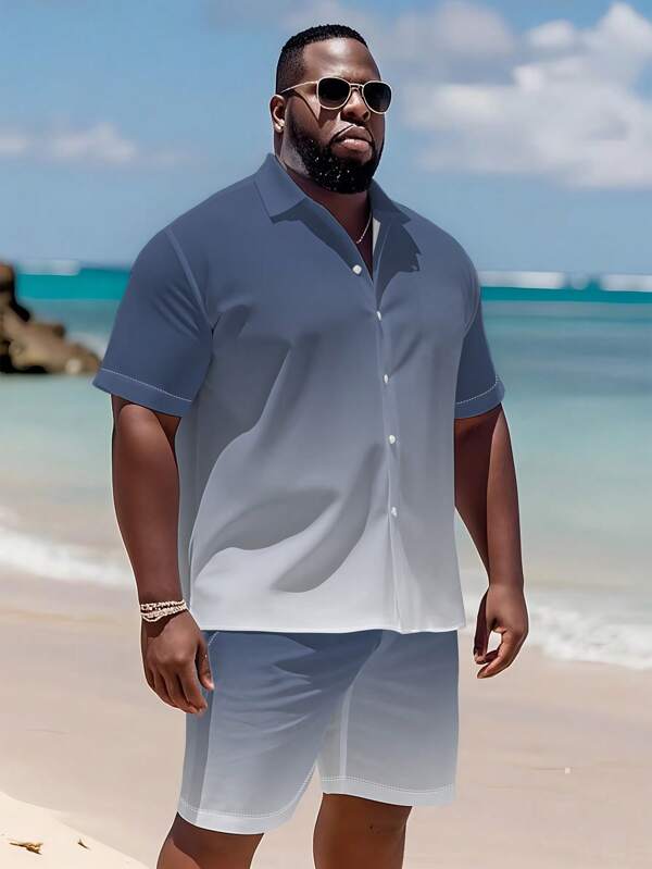 2pcs/Set Men Plus Size Casual Printed Short Sleeve Shirt And Shorts Set, Minimalist Fashionable Daily Wear