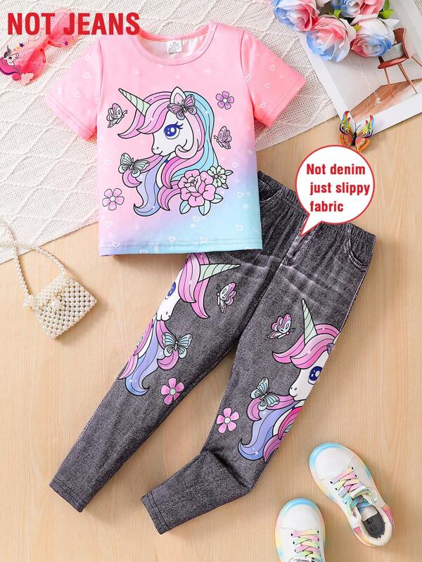 2pcs/Set Girls' Fashion Summer Outfit, Toddler Girl Unicorn Print Tie-Dye Long Sleeve Top + Denim Print Elastic Waist Pants, Girls Casual Vintage Chic Comfortable Outdoor Clothing