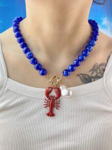 Retro Versatile Crustacean Beaded Handmade Necklace, Vintage Alloy Boho Seafood Jewelry, Fashion Unique Resort Style