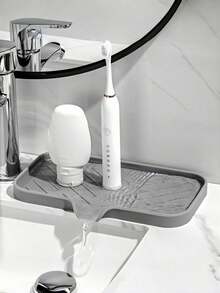 1pcSink Silicone Tray With Drain Soap Sponge Storage Holder Countertop Sink Scrubber Brush Soap Storage Rack Kitchen Organizer - Grey - View 4