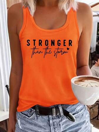 "Stronger Than The Storm" Motivational Women's Pink Sleeveless Tank Top - Crew Neck, Lightweight Polyester Casual Clothing For Summer And Spring, Machine Washable