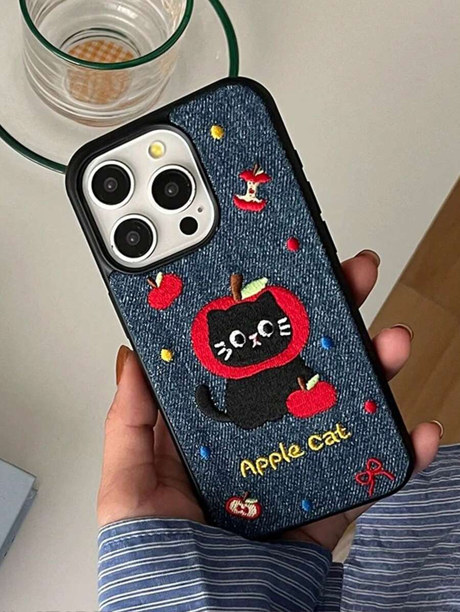 1 件创意波尔卡圆点猫和水果蝴蝶结字母印花牛仔防摔彩绘手机壳适用于 Xs/Xsmax/Xr/11/12/13/14/14plus/15/15plus/16Pro/16Promax、S25Ultra、OPPO、Redmi Note14 防水防震防刮