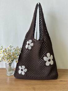 Brown Fashionable Women Knitted Bag, Hollow Floral Pattern Shoulder Bag, Suitable For Casual, Beach, Holiday, Large Capacity Woven Bag, Lightweight Summer Beach Tote, Great Gift For Women
