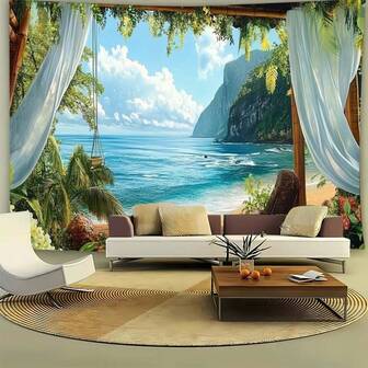 开放式 1 件热带海滩风景挂毯，墙壁装饰，适用于客厅、卧室、办公室、家庭和派对装饰，包括免费安装