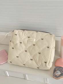 咖啡蝴蝶结化妆包，布艺软拉链化妆包，大容量洗漱包，适合居家、旅行和日常使用 - 彩色 - 查看 5