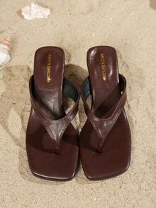 SHIHUA 法式风格女士高跟凉鞋，新款夏季细带高跟凉鞋，踝带设计，猫跟，人字拖 - 棕色 - 查看 5