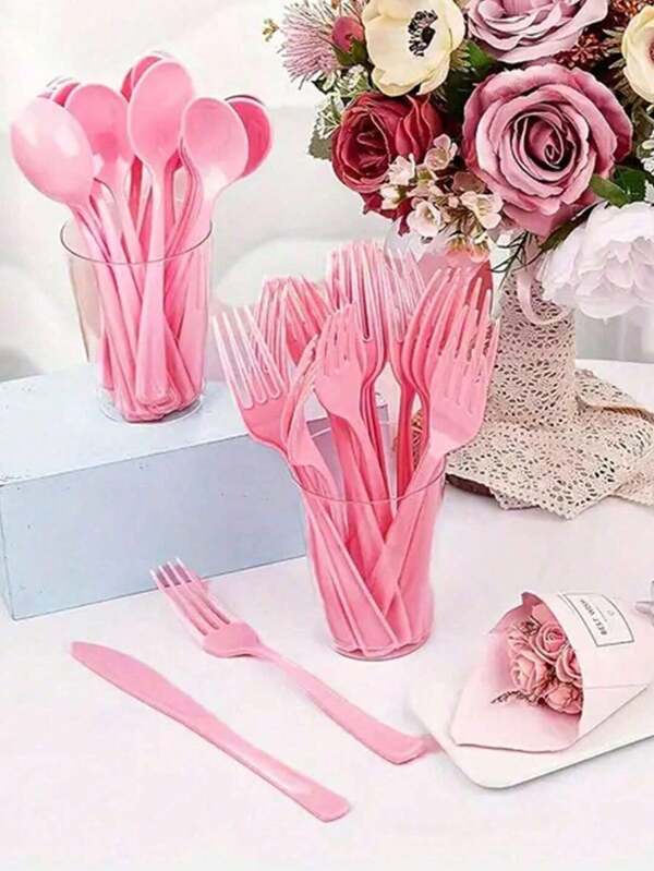 Set de 10/30 piezas de Vajilla de plástico rosa, adecuado para fiestas, Día de la Madre, bodas, cumpleaños y reuniones: Cuchillos, tenedores y cucharas de pastel elegantes, adecuado para eventos formales y comidas (reutilizable)