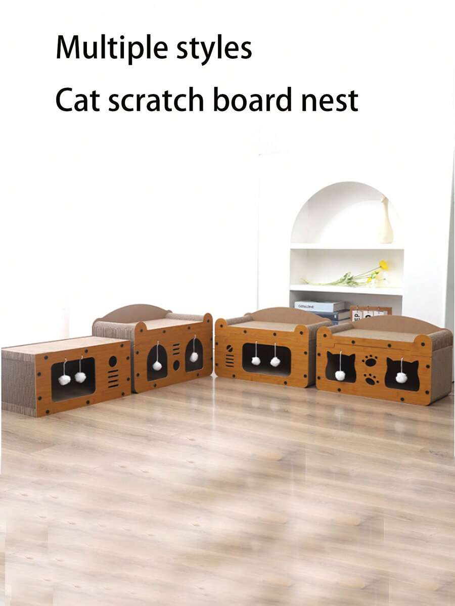 Modular Pet Cat Bed With Scratching Board & Cat Tower, All-In-One Cat Furniture, Scratch-Resistant Cat Toy & House - Brown - View 1