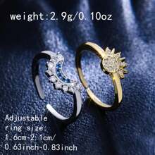 1 set/2 piezas Anillo abierto ajustable de moda para parejas, de estilo elegante y lujoso, con forma de sol dorado y luna plateada incrustada en cobre con circonita sintética, adecuado para parejas, boda y uso diario