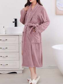 1pc Coral Fleece Ladies Bathrobe, Bean Paste Color, Soft & Absorbent, Suitable For Wedding, Christmas Decorations, Valentine's Day & Christmas Gifts, Sauna And Autumn/Winter Loungewear, Ideal For Birthday, Anniversary, Autumn Wedding, Bridal Shower, Bachelorette Party, Home, Bathroom, Hotel, Swimming Pool, Sauna, Gift, Halloween - Multicolor - View 14
