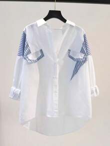 Women's Contrast Blue Striped Long Sleeve Button Up Shirt - White - View 1