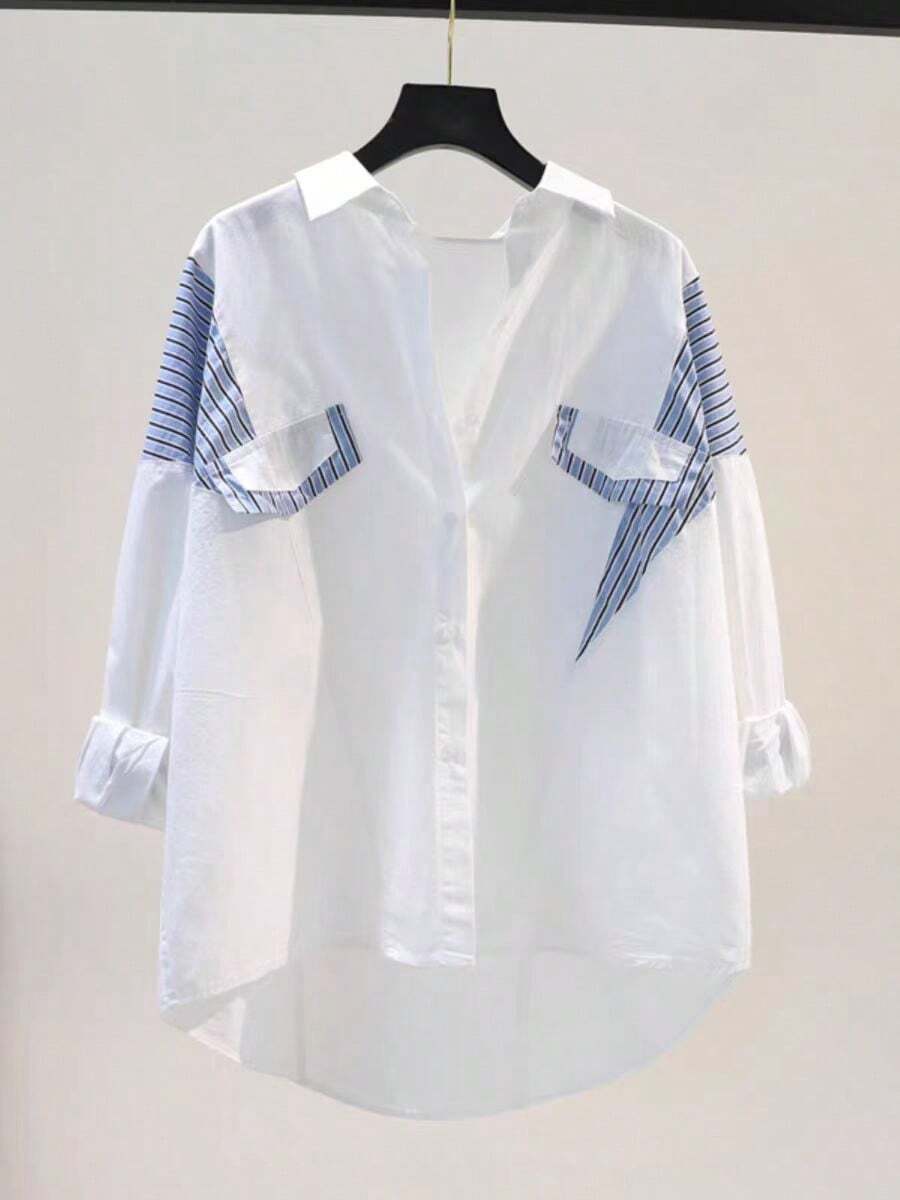 Women's Contrast Blue Striped Long Sleeve Button Up Shirt - White - View 1