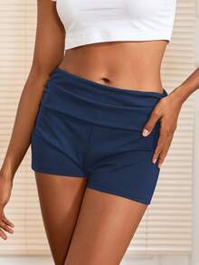 Women Mini Shorts Solid Color Ruched Low Rise Tight Shorts Casual Booty Shorts Summer Streetwear - Azul oscuro - Ver 5
