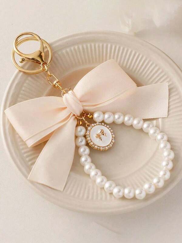 Large Bow Pearl Keychain Pendant Creative Colorful Ribbon Fabric Knot Accessories Headphone Case Accessories The Best Gift For Girlfriends A Gift For Mothers A Teacher's Day Gift A Birthday Gift A Graduation Gift A Party Gift Cute Stuff Bow Keychain