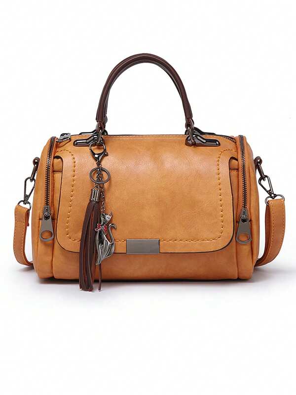 حقيبة كتف نسائية ذات سعة كبيرة، حقيبة كروس بسحاب مزينة بالشراريب قابلة للإزالة، موضة