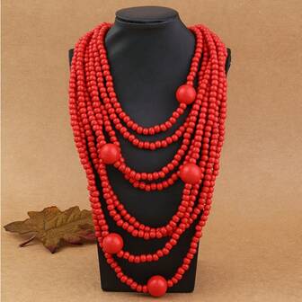 1 st överdriven handgjord pärlhalsband i flera lager med träpärlor i boho, mellanöstern, västerländsk, cowboy, retro-stil för casual, fest, vänner