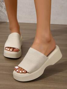 女士一脚蹬平底凉鞋，平底露趾鞋，夏季新款厚底休闲舒适鞋，一脚蹬拖鞋，弹力面料方头鞋，纯色沙滩拖鞋，复古厚底人字拖 - 白色 - 查看 7