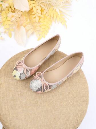 女士新款亮片多色花卉图案蝴蝶结装饰芭蕾平底鞋，舒适优雅的法式软底一脚蹬乐福鞋，适合连衣裙、通勤和办公室穿着，适合所有季节
